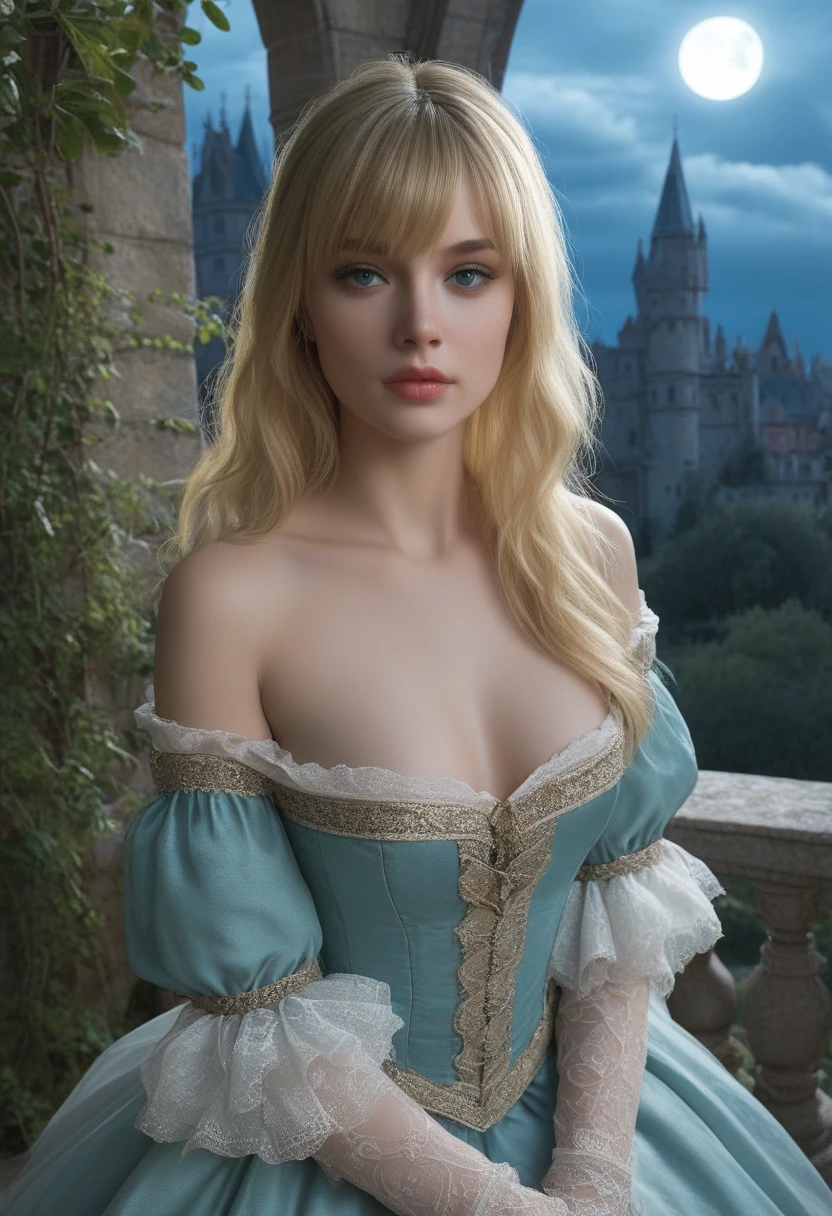 score_9, score_8_above, score_7_above, 1girl, realistic, blonde long hair with bangs, blue_eyes, realistic skin texture, detailed picture, upper_body, HD32k, royal_garden, medieval_castle, elegant_green_dress, off_shoulder_dress, moonlight, night, fullmoon, red_lips, spread_lips