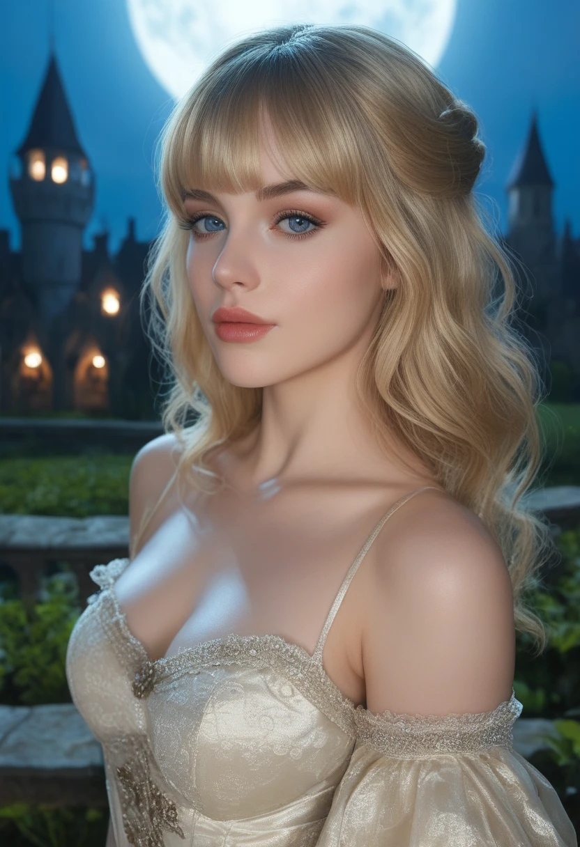 score_9, score_8_above, score_7_above, 1girl, realistic, blonde long hair with bangs, blue_eyes, realistic skin texture, detailed picture, upper_body, HD32k, royal_garden, medieval_castle, elegant_green_dress, off_shoulder_dress, moonlight, night, fullmoon, red_lips, spread_lips