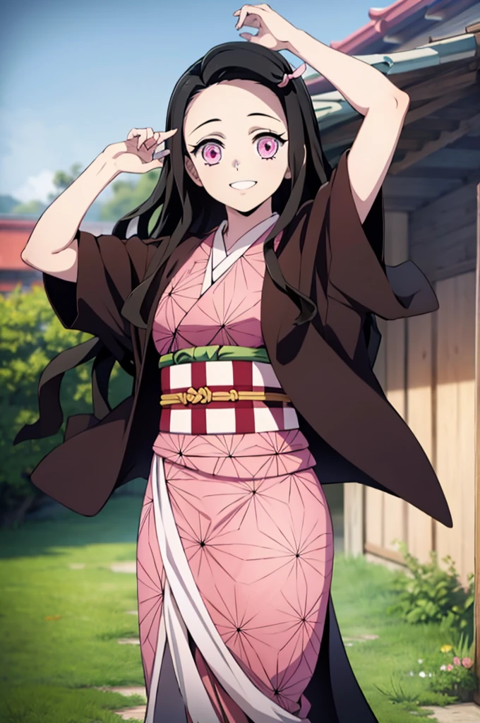 (masterpiece:1.3), (best quality:1.1), (8k, ultra detailed, ultra high res:1.2), ((anime style)), perfect 5 fingers, perfect anatomy,
1girl,
Kamado Nezuko,
BREAK long hair, wavy hair, forehead
black hair,
pink eyes,
ribbon,
small breasts,
BREAK japanese clothes, pink kimono, brown haori, obi,
smile,
looking at viewer,
cowboy shot,
BREAK outdoor, age of Edo,