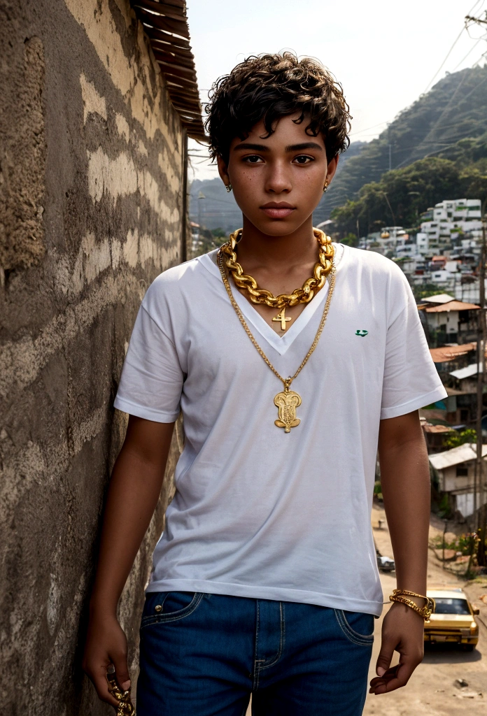 20 year old boy in Rio style with gold chain around his neck favela landscape