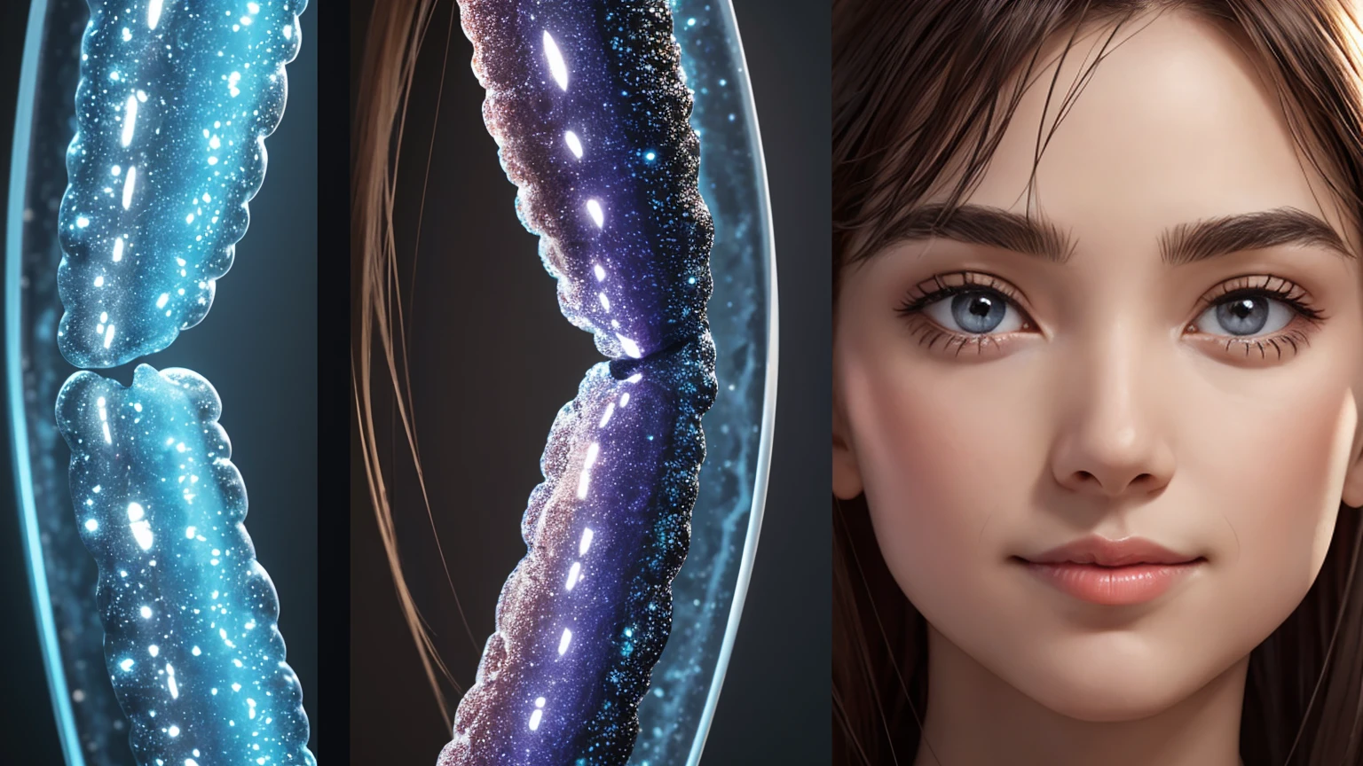 "Show a detailed close-up of a chromosome with telomeres highlighted at the ends. Scientists are working with advanced tools to extend these telomeres. Include a backdrop of various stages of aging, with people appearing healthier and more vibrant as the telomeres are lengthened."