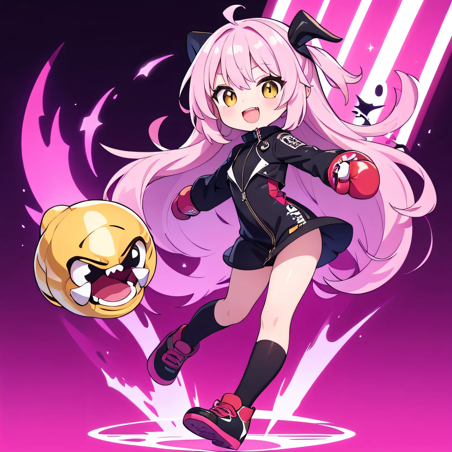 Highest quality,chibi,Pink semi-long,Hair,Black leather clothing,semi-long,Full body front view,Character portrait,Golden eyes,Boxing gloves,Background white,big mouth,smile