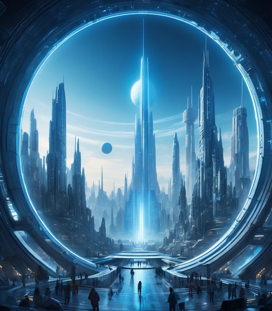 y4nn, Futuristic city with huge circular structure in the center of the central circle is blue light, sf, Detailed Matte Painting, Space Art, Super detailed, Shine from the inside, masterpiece, Highest quality