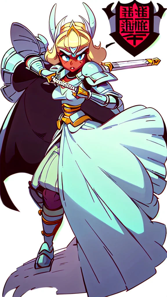 Medieval fantasy Anime. A Girl, 25 years old, royal knight, Paladin silver armor, beautiful but severe face, detailed face, ((dark skin)), light blue eyes, detailed eyes, African American, semi-updo blonde curly hair, detailed body, (great guard shield in the left hand)), ((sword long in the right hand)), simple background, ((dynamic battle pose)), tense expression, ((add 
more details)), ((full body)). Detailed character, extreme attention to detail.