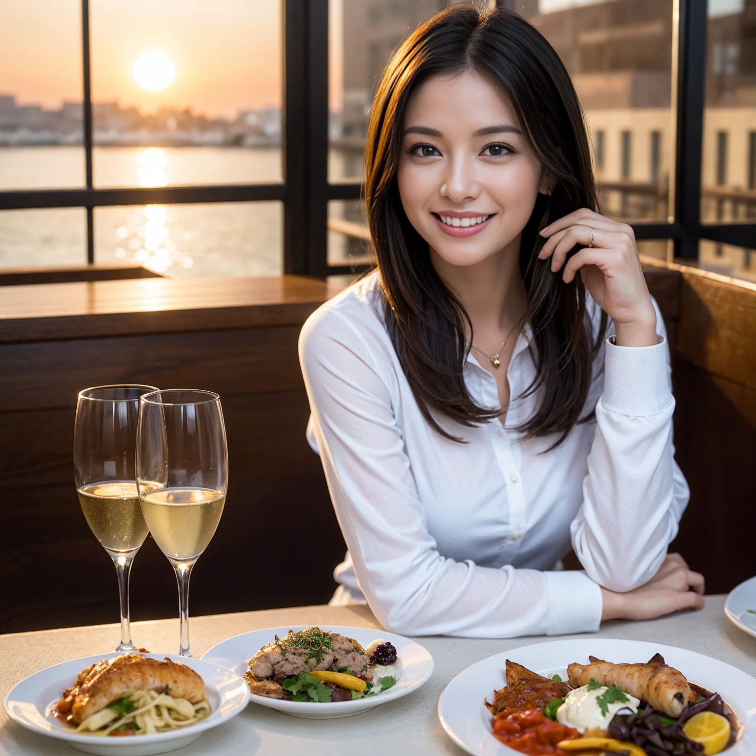 ((Highest quality、、masterpiece:1.3))、1 male、1 female、Eri Fukatsu、Beautiful couple、smile、full-course dinner、 (Slim face), (the body is スリム), (Brown Hair), (Shortcuts), ((Bob Hale、Straight hair:1.2)), テーブルの上のwine glass、Shine light on your face、 Amazing view of the sunset sky and clouds、smileの美しさ、Bright image、Blushing, Shortcuts, (43 years old), 39 years old, Appetizers、Italian food、Wine bottle、Champagne、sparkling wine、Long sleeve shirt、dress、Attractive beauty、restaurant, Nova Frog Style, actress, model, Upper Body, White wine, red wine, wine glass,