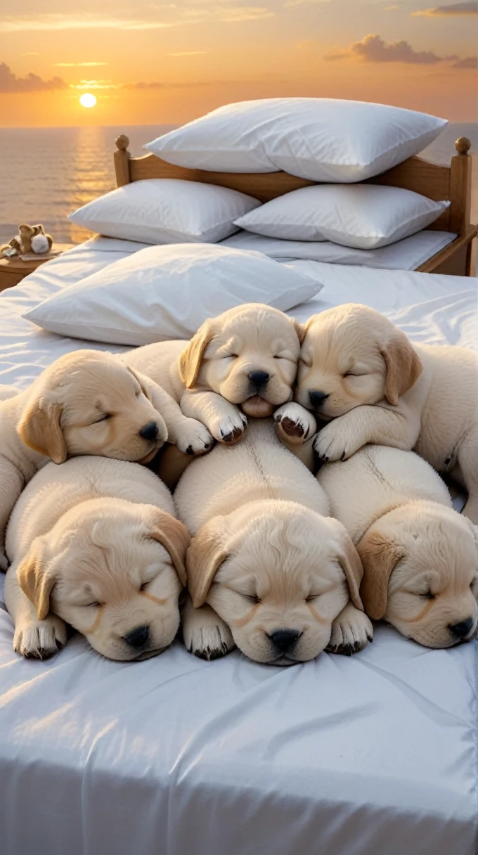 With the sunset in the background,(masterpiece:1.2, high quality), Several puppies sleeping together on a bed、