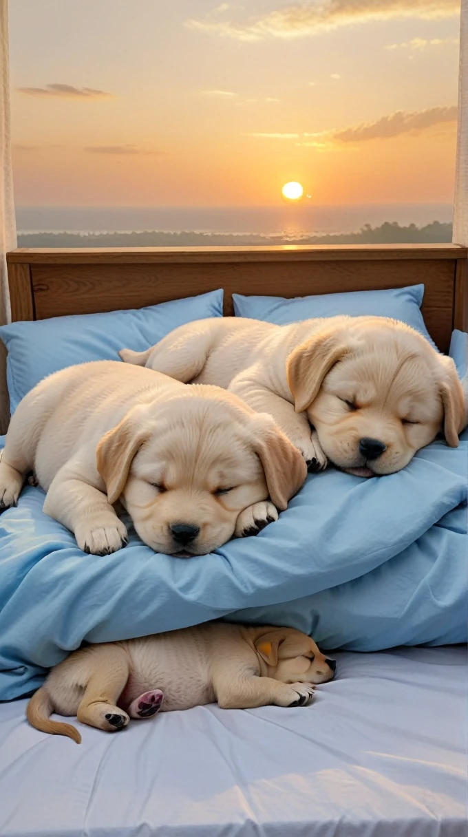 With the sunset in the background,(masterpiece:1.2, high quality), Several puppies sleeping together on a bed、