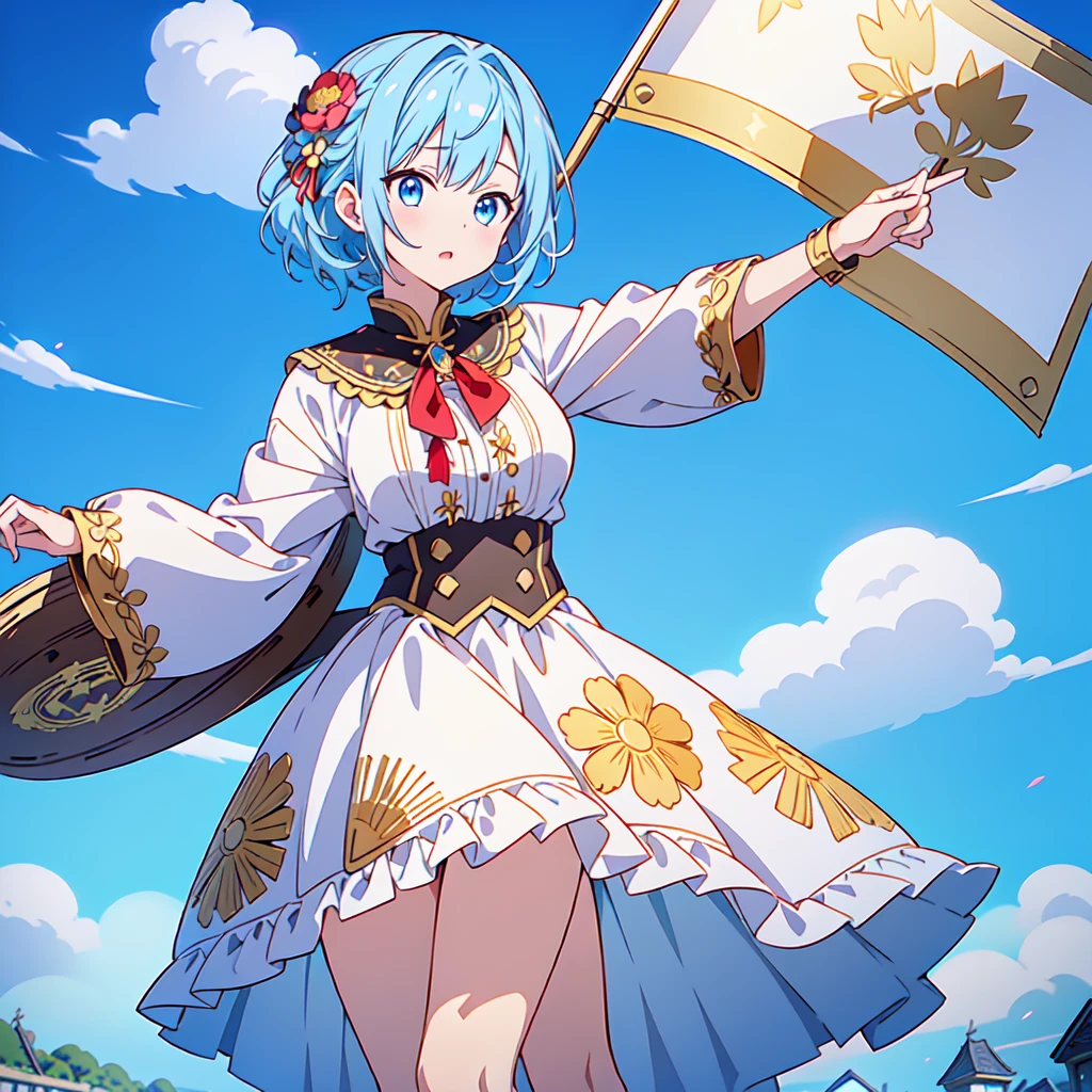1girl、Dynamic composition、marching band、(((Masterpiece、Highest quality、Official Art、Super detailed、Handsome face、Dynamic composition)))、Anime Style、(Milky white and blue hair:1.3),(blue eyes:1.4),(Bright colors:1.4),((麻の葉background:1.3)),, marching bandのユニフォームを着たクールな女の子, marching bandの帽子、mini skirt, Frills, Black and white with gold embroidered flag held in both hands,(background:Large red flag on the back with gold floral embroidery, Note, )、euphonium、Huge Flag、Powerful composition、White gloves、