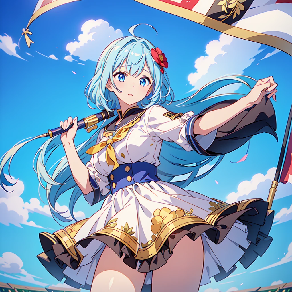 1girl、Dynamic composition、marching band、(((Masterpiece、Highest quality、Official Art、Super detailed、Handsome face、Dynamic composition)))、Anime Style、(Milky white and blue hair:1.3),(blue eyes:1.4),(Bright colors:1.4),((麻の葉background:1.3)),, marching bandのユニフォームを着たクールな女の子, marching bandの帽子、mini skirt, Frills, Black and white with gold embroidered flag held in both hands,(background:Large red flag on the back with gold floral embroidery, Note, )、euphonium、Huge Flag、Powerful composition、White gloves、
