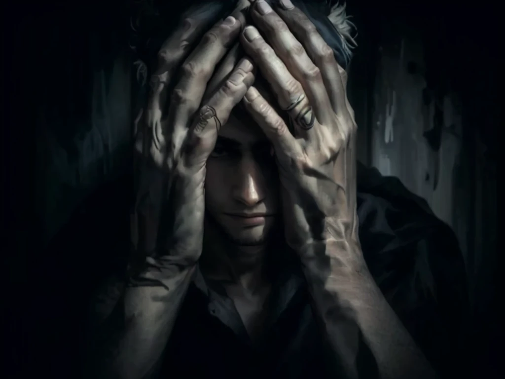 A young man covers his face with his hands in a dark room,No clothes,naked,No sleeves,No tattoos, hold one&#39;s head, Hands covering the face, Distraught, A still from a psychological horror film, Closed hands,  inspired ,sorrowと絶望, Horror, Uneasy, Horror, Extreme drama, frustration, Hidden hands and face, sorrow. Complex, Mental illness, Anxious anxiety