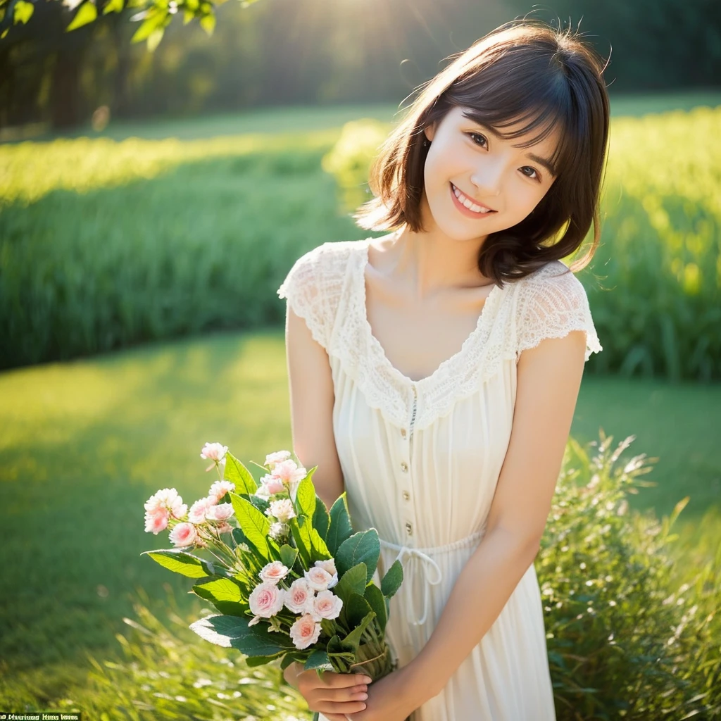 Create an image of a young woman in her 20s, Inspired by the image provided. women are長い間, Short, flowing hair and a sweet smile, I have a present. A beautiful outdoor setting with a green background is preferable, Remembering sunny days. women are、While maintaining a warm and friendly expression、Should have a slightly mature appearance。. Make sure the lighting and colors are soft and natural, Her youth々Emphasizes the beauty of a mature woman.