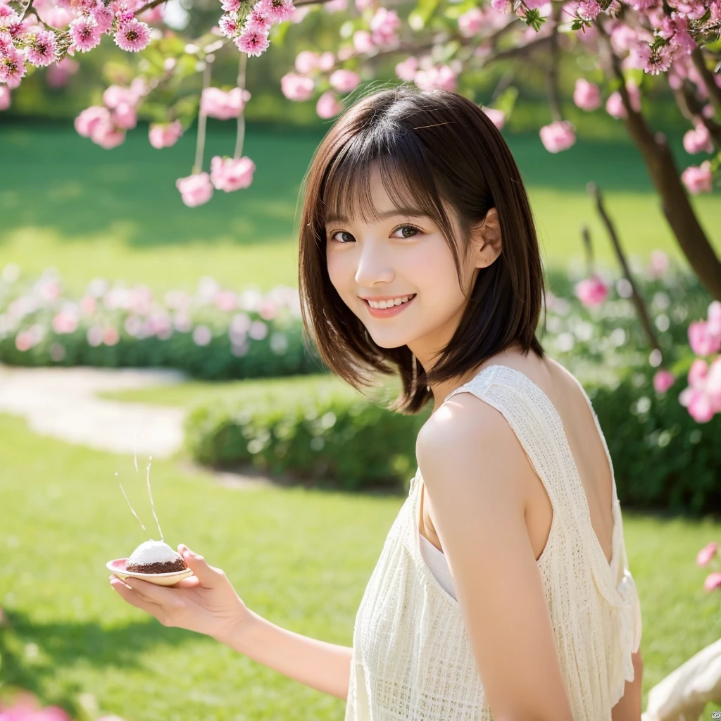 Create an image of a young woman in her 20s, Inspired by the image provided. women are長い間, Short, flowing hair and a sweet smile, I have a present. A beautiful outdoor setting with a green background is preferable, Remembering sunny days. women are、While maintaining a warm and friendly expression、Should have a slightly mature appearance。. Make sure the lighting and colors are soft and natural, Her youth々Emphasizes the beauty of a mature woman.
