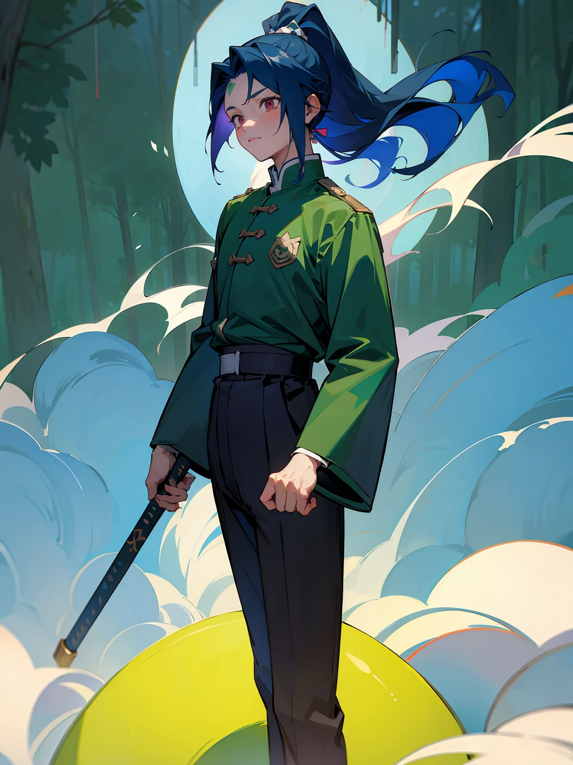 1male, Adult, Deep Blue Hair, Medium Length Hair, White Inner Hair, Ponytail, Forest Haori, Green Face Mark, Forest Background, Standing in Forest, Demon Slayer Uniform