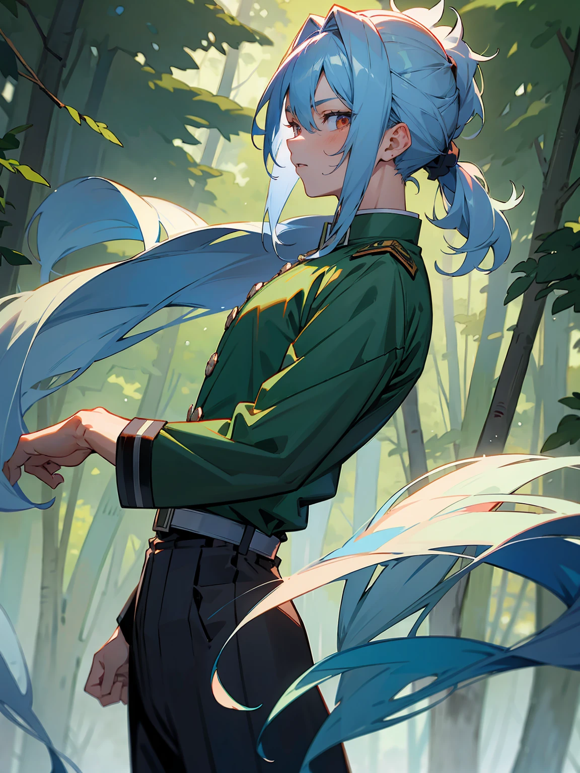1male, Adult, Deep Blue Hair, Medium Length Hair, White Inner Hair, Ponytail, Forest Haori, Green Face Mark, Forest Background, Standing in Forest, Demon Slayer Uniform