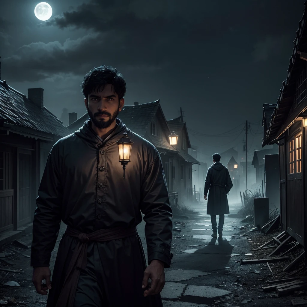 Create a hyper-realistic scene with a dark, moonlit, and eerie atmosphere. The backdrop should be an empty, abandoned village at night, with an aura of horror and fear. The village should have dilapidated houses and overgrown vegetation, with subtle, eerie lighting to enhance the horror essence.
**Characters:**
1. **Two Bengali Men:**
- **Man 1 (Aneesh):** Joyfully vlogging with his smartphone, capturing the scene. His facial expression should be cheerful and excited.
- **Man 2 (Mainak):** Standing like a statue, with a fearful and shocked expression. He should be looking directly at the audience, conveying his terror.
**Lighting and Colors:**
- Predominantly dark tones with moonlight casting a ghostly glow over the village.
- Use shadows and subtle, eerie lighting to heighten the sense of fear.
**Details:**
- Include elements like flickering lanterns or dimly lit windows to add to the spooky atmosphere.
- The overall color scheme should be dark, with bluish hues to create a chilling and suspenseful mood.
**Mood:**
- The scene should evoke a strong sense of dread and unease, capturing the contrast between the joyful vlogger and the terrified friend.
"hyper-realistic, dark moonlit village, eerie atmosphere, abandoned houses, horror essence, Bengali men, vlogging, joyful expression, fear and shock, subtle eerie lighting, dark tones, bluish hues, chilling mood, flickering lanterns, suspenseful"
