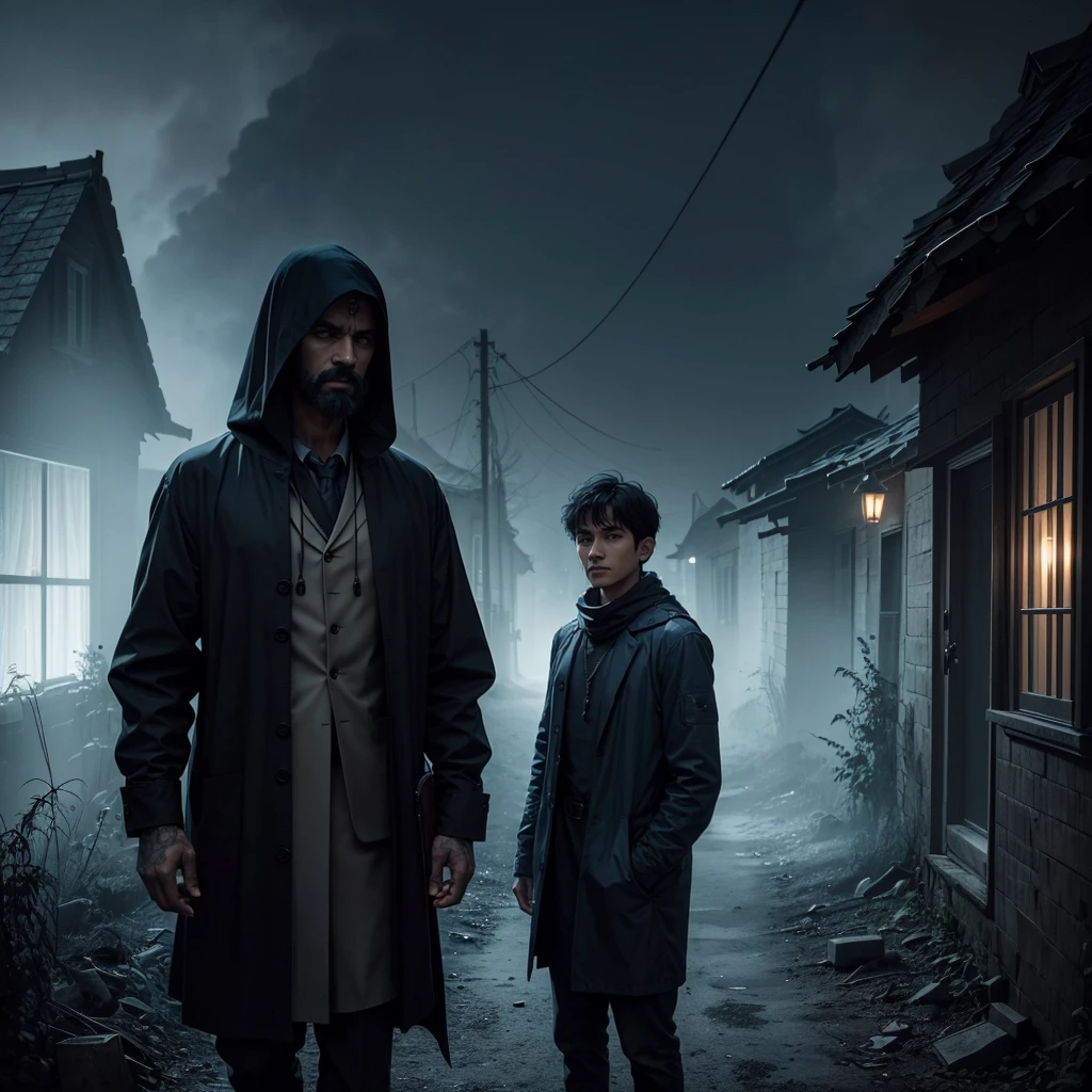 
Create a hyper-realistic scene with a dark, moonlit, and eerie atmosphere. The backdrop should be an empty, abandoned village at night, with an aura of horror and fear. The village should have dilapidated houses and overgrown vegetation, with subtle, eerie lighting to enhance the horror essence.

**Characters:**
1. **Two Bengali Men:**
   - **Man 1 (Aneesh):** Joyfully vlogging with his smartphone, capturing the scene. His facial expression should be cheerful and excited.
   - **Man 2 (Mainak):** Standing like a statue, with a fearful and shocked expression. He should be looking directly at the audience, conveying his terror.

**Lighting and Colors:**
- Predominantly dark tones with moonlight casting a ghostly glow over the village.
- Use shadows and subtle, eerie lighting to heighten the sense of fear.

**Details:**
- Include elements like flickering lanterns or dimly lit windows to add to the spooky atmosphere.
- The overall color scheme should be dark, with bluish hues to create a chilling and suspenseful mood.

**Mood:**
- The scene should evoke a strong sense of dread and unease, capturing the contrast between the joyful vlogger and the terrified friend.

"hyper-realistic, dark moonlit village, eerie atmosphere, abandoned houses, horror essence, Bengali men, vlogging, joyful expression, fear and shock, subtle eerie lighting, dark tones, bluish hues, chilling mood, flickering lanterns, suspenseful"

