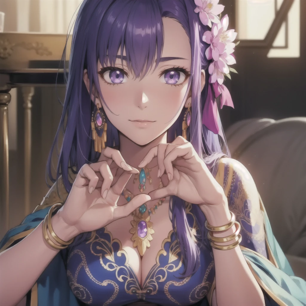 parvati, parvati, long hair, (purple eyes: 1.1), purple hair, exiter face, huge chest, BREAK bracelet, flower, hair flower, hair ornament, indian clothing, jewelry, necklace, side slit, BREAK looking the viewer, BREAK outside, BREAK (masterpiece: 1.2), best quality, high resolution, Unity 8k wallpaper, (artwork: 0.8), (detailed beautiful eyes: 1.6), extremely detailed face , perfect lighting, extremely detailed CG, (perfect hands, perfect anatomy),