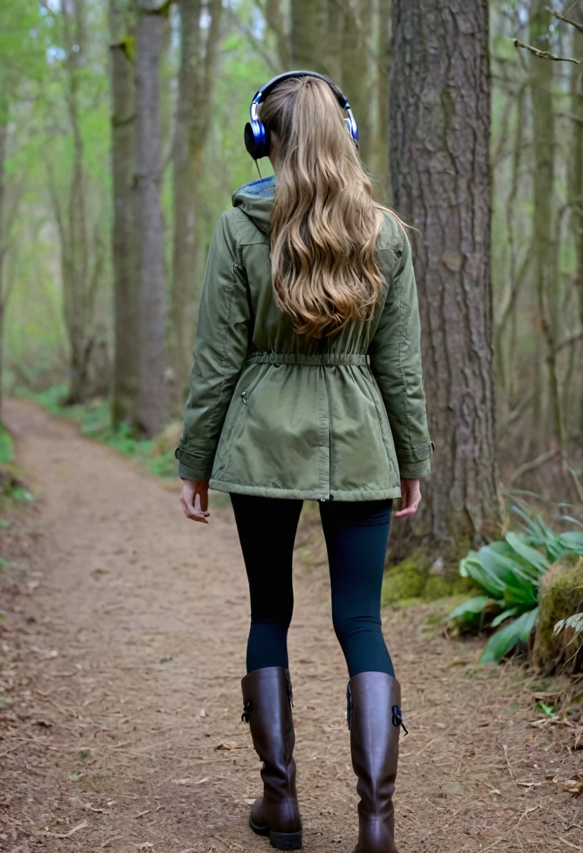 Far in the distance, a Dark blonde haired girl with very beautiful long hair down to her butt, wearing an olive green jacket, black leggings, dark brown mid calf stylish boots, wearing over the ear headphones on her head, 28 years old, only showing the view of her from behind her as she walks into the woods, with just a little of the right side of her face with her heads hair down framing her face and the right side of her very small pretty nose and her large deep blue iris right eye with long eyelashes, as she looks slightly over to the right
