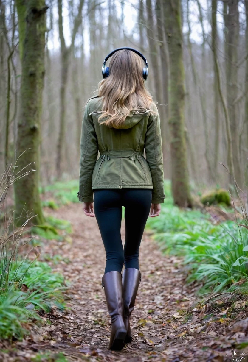 Far in the distance, a Dark blonde haired girl with very beautiful long hair down to her butt, wearing an olive green jacket, black leggings, dark brown mid calf stylish boots, wearing over the ear headphones on her head, 28 years old, only showing the view of her from behind her as she walks into the woods, with just a little of the right side of her face with her heads hair down framing her face and the right side of her very small pretty nose and her large deep blue iris right eye with long eyelashes,  as she looks slightly over to the right