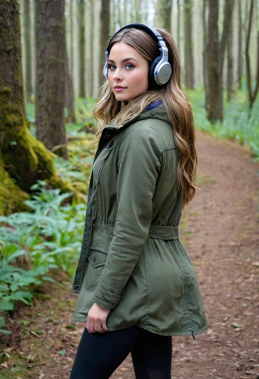 Far in the distance, a Dark blonde haired girl with very beautiful long hair down to her butt, wearing an olive green jacket, black leggings, dark brown mid calf stylish boots, wearing over the ear headphones on her head, 28 years old, only showing the view of her from behind her as she walks into the woods, with just a little of the right side of her face with her heads hair down framing her face and the right side of her very small pretty nose and her large deep blue iris right eye with long eyelashes,  as she looks slightly over to the right