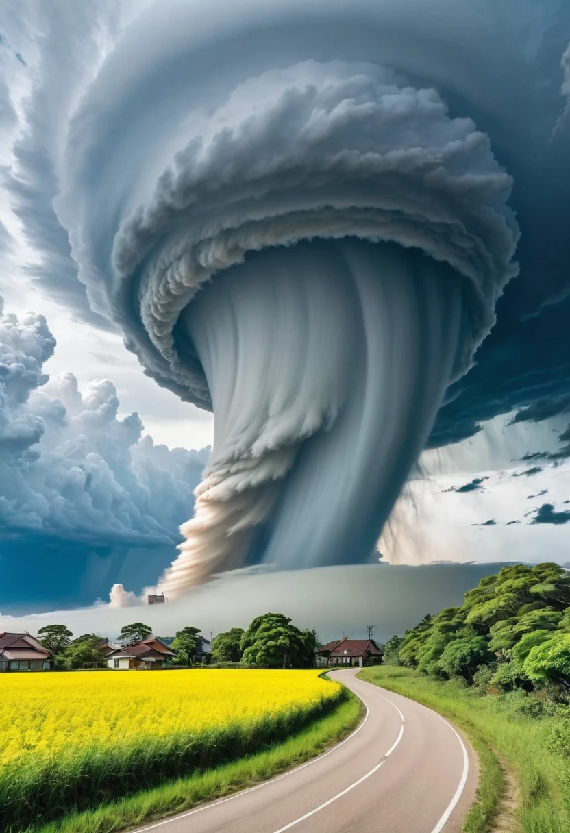 A huge tornado appears in the blue sky、Overwhelm the surrounding clouds。This natural phenomenon is、With its power and beauty,々surprise。but、Behind that beauty、Destructive power lurks。This image is、It symbolizes the power of nature and the fragility of humans.。