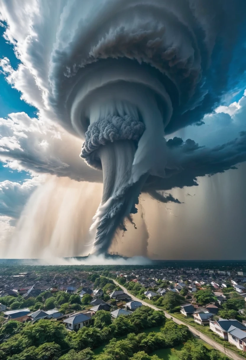 A huge tornado appears in the blue sky、Overwhelm the surrounding clouds。This natural phenomenon is、With its power and beauty,々surprise。but、Behind that beauty、Destructive power lurks。This image is、It symbolizes the power of nature and the fragility of humans.。