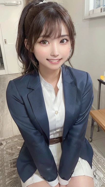 masterpiece, Highest quality, High resolution,Super detailed, Stunningly beautiful woman,1people々 girl, (美しいgirl, 繊細なgirl:1.4),break, (21 years old:1.4), break,(Grey coat,Navy Blue Blazer,White shirt,Navy Skirt),High resolutionスキン,Definition of ultrafine particles,(Symmetrical eyes:1.3), break,(Inside the company:1.3),break,Small breasts,Brown eyes,ponytail,Brown Hair,(Eye and facial details:1.3),break,(A smile showing white teeth:1.3),break,Pose while sitting on a chair,