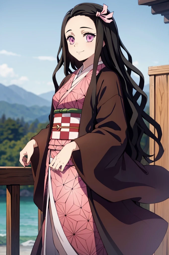 (masterpiece:1.3), (best quality:1.1), (8k, ultra detailed, ultra high res:1.2), ((anime style)), perfect 5 fingers, perfect anatomy,
1girl,
Kamado Nezuko,
BREAK long hair, wavy hair, forehead
black hair,
pink eyes,
ribbon,
small breasts,
BREAK japanese clothes, pink kimono, brown haori, obi,
smile,
looking at viewer,
cowboy shot,
BREAK outdoor, age of Edo, (background of fantasy:1.5),