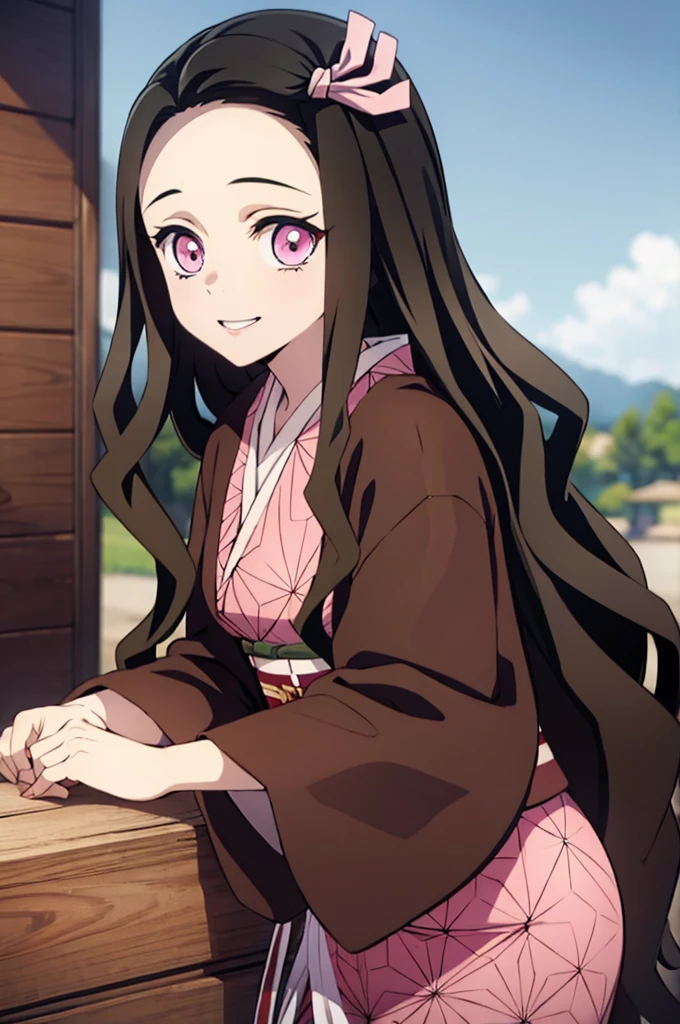 (masterpiece:1.3), (best quality:1.1), (8k, ultra detailed, ultra high res:1.2), ((anime style)), perfect 5 fingers, perfect anatomy, 
1girl,
Kamado Nezuko, 
BREAK long hair, wavy hair,  forehead
black hair, 
pink eyes, 
ribbon, 
small breasts,  
BREAK japanese clothes, pink kimono, brown haori, obi, 
smile, 
looking at viewer, 
cowboy shot, 
BREAK outdoor, age of Edo, (background of fantasy:1.5), 