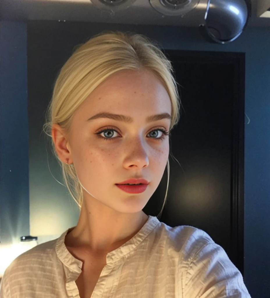 Arafed woman with blonde hair and blue eyes in a kitchen., Elle Fanning), , Elle Fanning, Sidney Sweeney, without makeup, very pretty face, Elle Fanning as an android, very pretty model, beautiful young model, Beautiful nordic woman, beautiful delicate face, beautiful model, inspired by Louisa Matthíasdóttir, beautiful face, perfectly illuminated face, face with freckles, Red lips, happy.