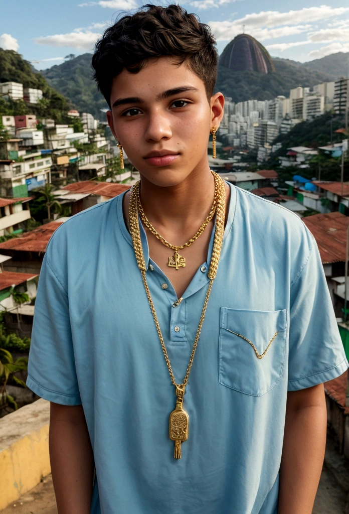 20 year old boy in Rio style with gold chain around his neck favela landscape