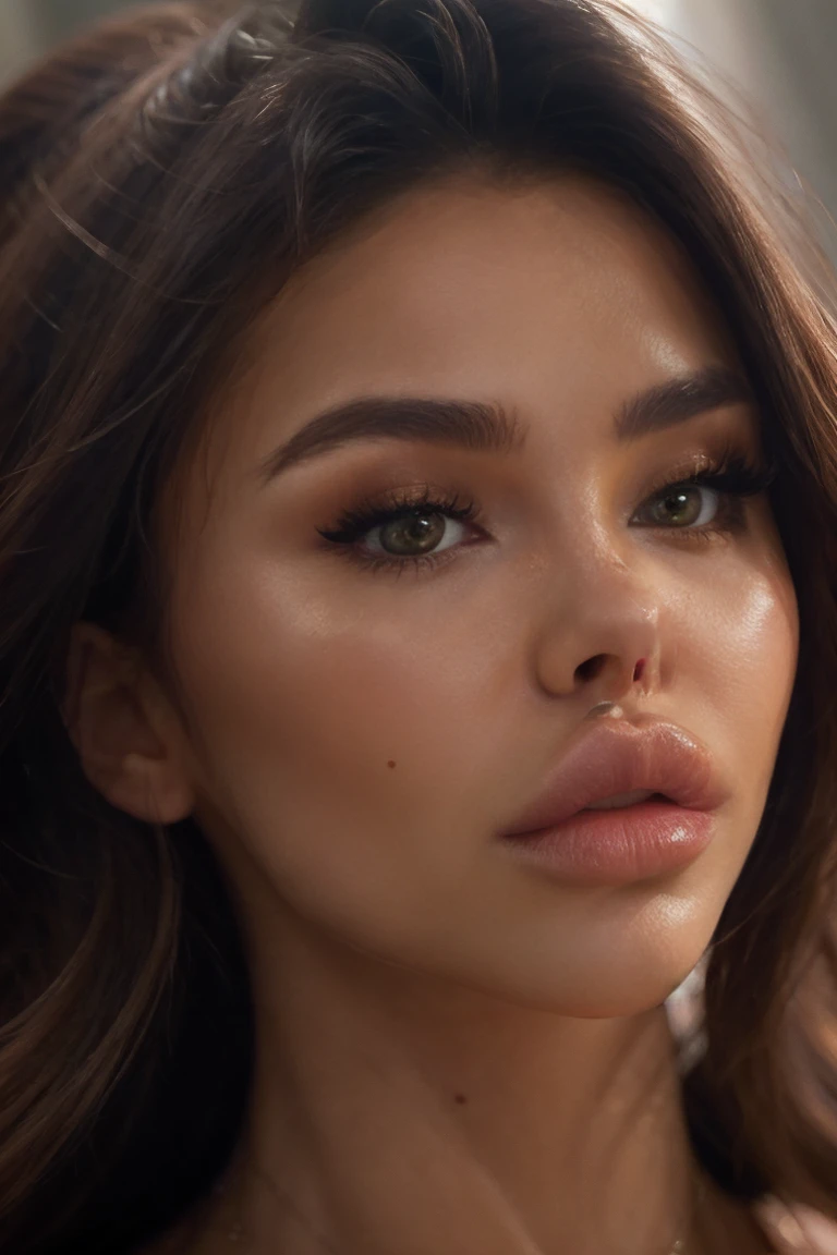 (Madison Beer), perfect female face by ai close up portrait, masterpiece, UHD, beautiful cinematic lighting, best quality, b1mb0, thick lips, huge lips, extremely high prominent cheekbones, detailed face, realistic face, beautiful detailed eyes, high contrast, heavy pink blush, skindentation, realistic, sexy positive canthal tilt eyes, close up