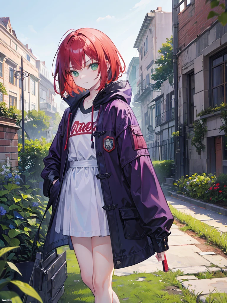 , green eyes, short curry wavy bobs red hair, bangs. wear purple black jacket. background in ruins garden. . not smiling, indifferent. arrogant, thug, winter