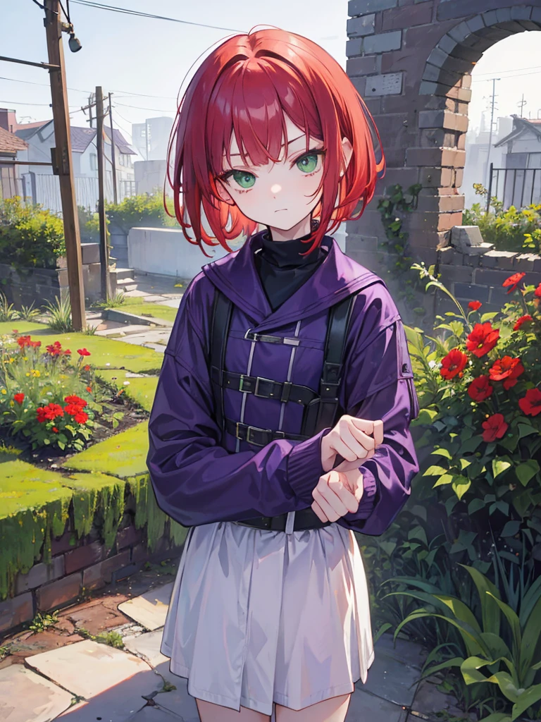 , green eyes, short curry wavy bobs red hair, bangs. wear purple black jacket. background in ruins garden. kid. not smiling, indifferent. arrogant, thug, winter