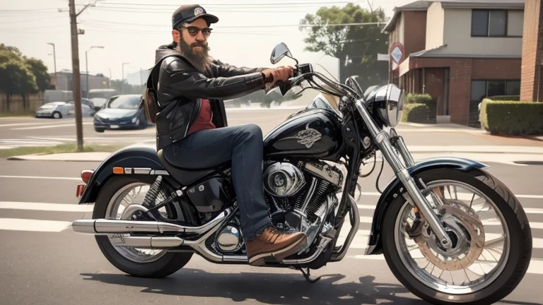 Glasses, beard, in beautiful nature、Image of a man riding a classic motorcycle。His clothes and motorcycle are all retro in design.、Creates a vintage atmosphere。