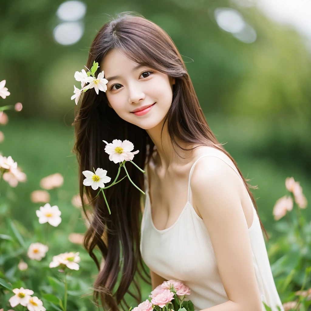 Create an image of a young woman around 25 years old, inspired by the provided image. The woman should have long, flowing hair and a gentle smile, holding a bouquet of flowers similar to the one in the reference. The setting should be a beautiful outdoor environment with greenery in the background, reminiscent of a sunny day. The woman should have a slightly more mature appearance while maintaining a warm and friendly expression. Ensure the lighting and color tones are soft and natural, highlighting her youthful yet mature beauty.