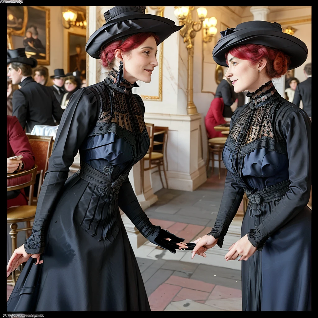 masterpiece, uhd, sharp color  photo of a beautiful woman wearing a high-neck layered black dress, with a hat on, flirting with men at a Parisian cafe  1900_dr3ss