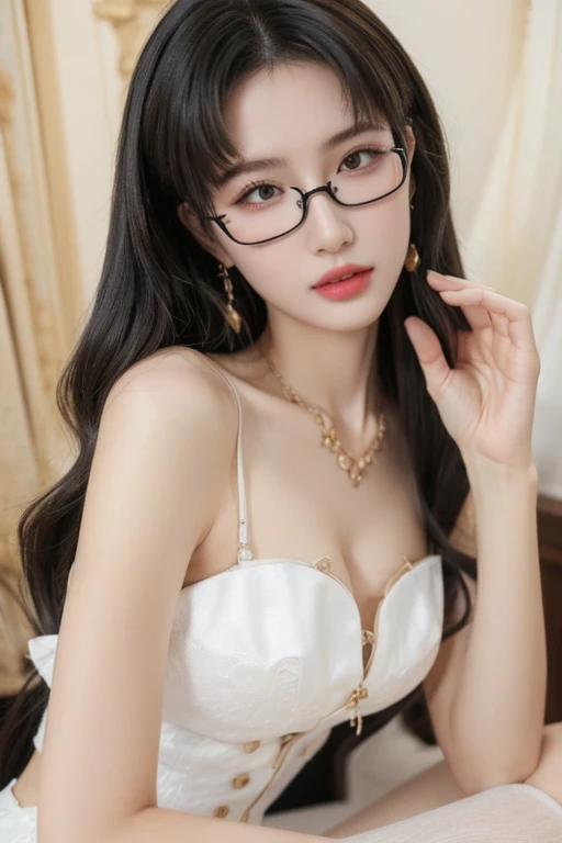 Highest quality、masterpiece、High sensitivity、High resolution、Detailed Description、Slender women、Slim Body、Glasses、I want you to kiss me、close your eyes、Get within a few centimetres of my lipoisturizing lips、