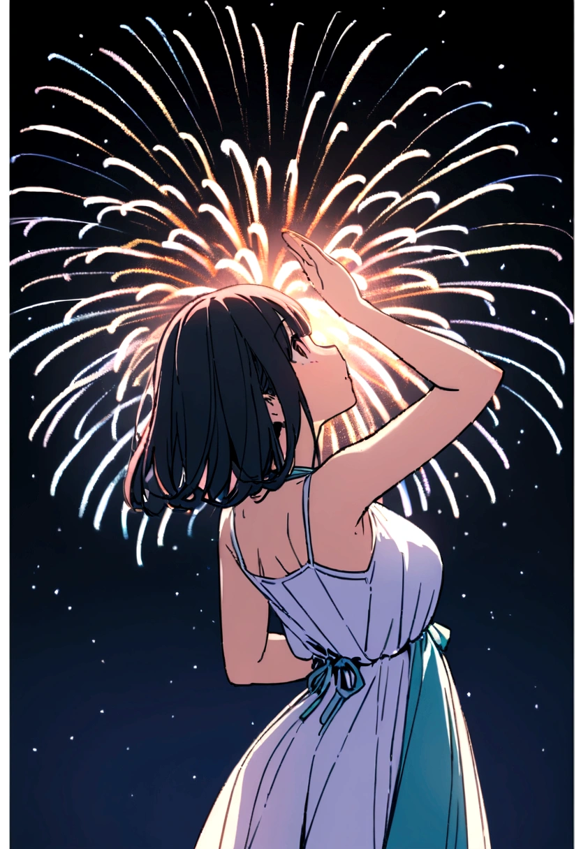 ((firework)), No background, 色とりどりのfireworkが打ち上げられている間, The beauty of Japan looking up at the night sky, Free pose, Light summer clothes,8K, Super Resolution, Masterpiece: The woman is facing away