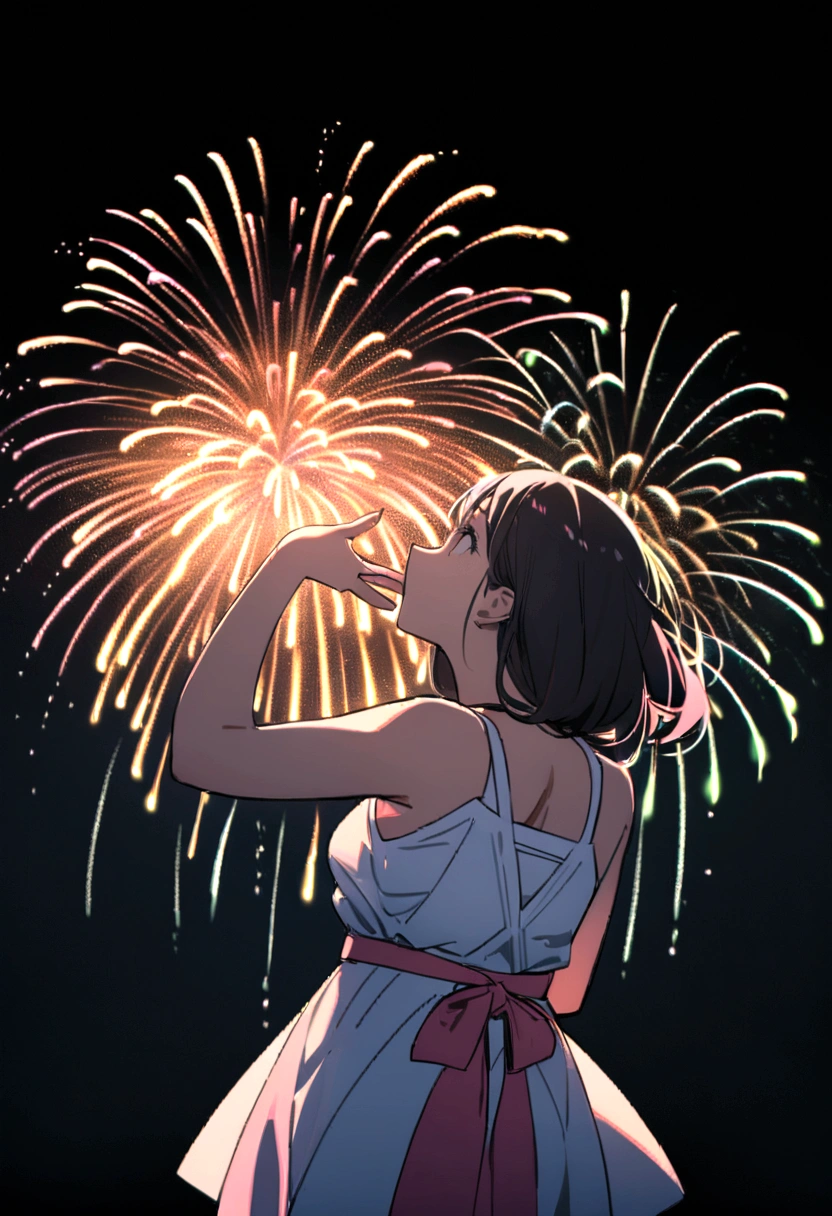 (High resolution),(High resolution),(High resolution),(8k), One person, Yoshizuki_Iori、(((Naked)))、((Fireworks display))、field.(((On all fours))).Browsing Caution、Large Breasts、(((blush))、ass pov,1 boy, penis, breasts blowjob,.((((penis is between breasts))),, (((breast squeeze))), fellatio, How.(((Bukke semen on the face)))、(((Massage the breasts))).(((An irresistible, pleasurable expression)))、Sticking out tongue、Lick、Creampie、