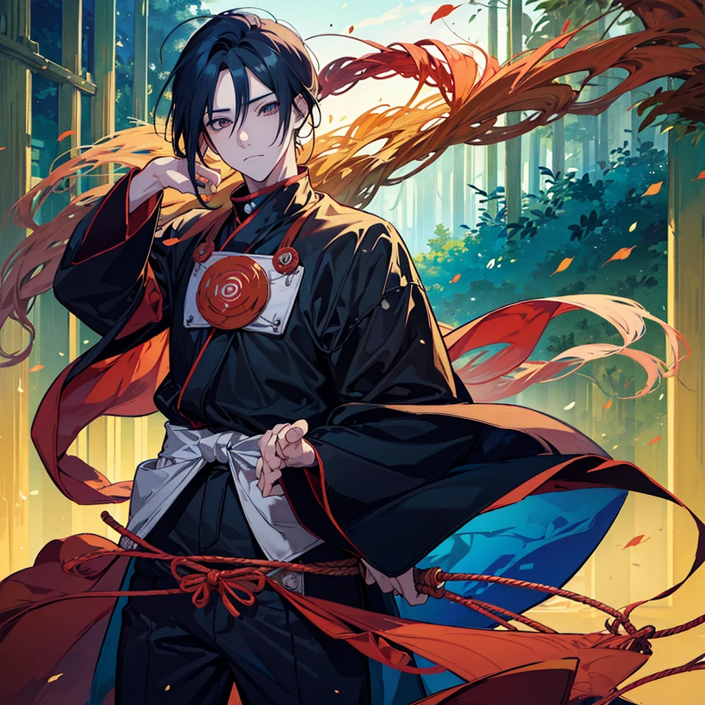 "Create an anime illustration featuring Naruto Uzumaki with the Rinnegan standing in a serene forest, reminiscent of the Hidden Leaf Village. The setting should include tall trees with sunlight filtering through the leaves, casting dappled light on the forest floor. Naruto should be in his classic orange and blue outfit, looking thoughtful and reflective, with the Rinnegan eyes prominently visible. The art style should capture the essence of the original Naruto series, with soft, warm colors to evoke a sense of nostalgia. Include subtle details such as fallen leaves, a gentle breeze, and hints of the village in the background to enhance the nostalgic atmosphere."