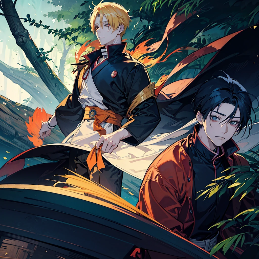 "Create an anime illustration featuring Naruto Uzumaki with the Rinnegan standing in a serene forest, reminiscent of the Hidden Leaf Village. The setting should include tall trees with sunlight filtering through the leaves, casting dappled light on the forest floor. Naruto should be in his classic orange and blue outfit, looking thoughtful and reflective, with the Rinnegan eyes prominently visible. The art style should capture the essence of the original Naruto series, with soft, warm colors to evoke a sense of nostalgia. Include subtle details such as fallen leaves, a gentle breeze, and hints of the village in the background to enhance the nostalgic atmosphere."