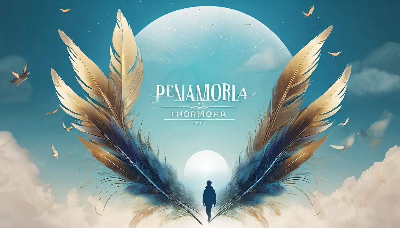 Create a professional, fantastic, cinematic dream-like Youtube Banner for a brand about music, stories, fantasy and dreams called " Penamemoria". Masterpiece, 4k, sharp focus, highest quality,wide shot. The title is " Penamemoria". Is a brand about the creative, unique journey of a boy into becoming a musician storyteller. In his journey he finds inspiration in a world of birds and feathers. Minimalistic, simple, poetic, dreamy logotype at the center of the image. The Background image is a world full of fantastic feathers, unique birds, light blue sky, soft white and light golden. Logo design of a face of a boy and a face of a feather