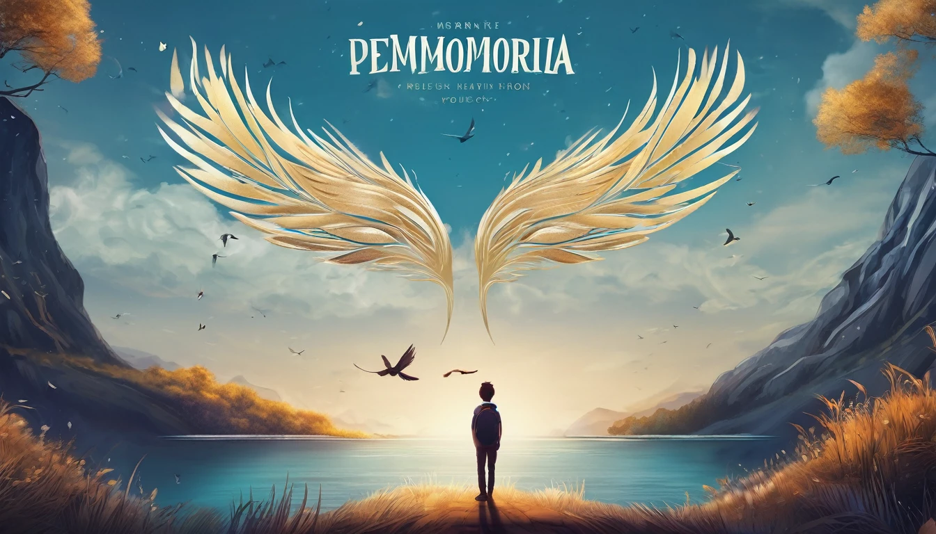 Create a professional, fantastic, cinematic dream-like Youtube Banner for a brand about music, stories, fantasy and dreams called " Penamemoria". Masterpiece, 4k, sharp focus, highest quality,wide shot. The title is " Penamemoria". Is a brand about the creative, unique journey of a boy into becoming a musician storyteller. In his journey he finds inspiration in a world of birds and feathers. Minimalistic, simple, poetic, dreamy logotype at the center of the image. The Background image is a world full of fantastic feathers, unique birds, light blue sky, soft white and light golden. Logo design of a face of a boy and a face of a feather