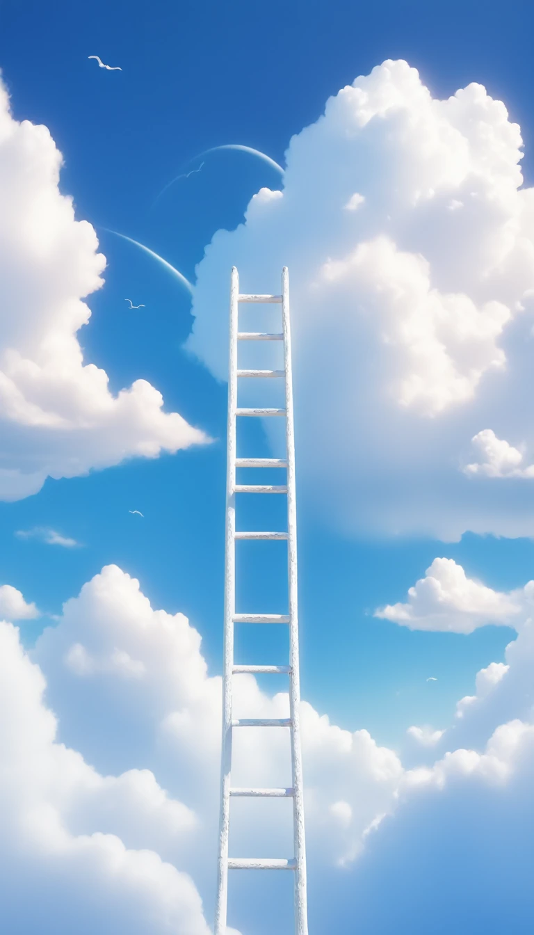 Blue background，White ladder，White Cloud，Beautiful and dreamy