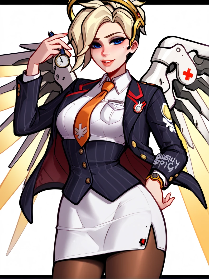 score_9, score_8_up, score_7_up, score_6_up, score_5_up, score_4_up,
BREAK
1girl, mercy \(overwatch\), blonde hair,
BREAK
solo, standing, navy pinstripe skirt suit, (((three-piece suit))), silk necktie, blazer, (((suit jacket))), (((waistcoat))), double-breasted waistcoat, (((bodycon miniskirt))), (((pencil skirt))), cufflinks, tie clip, pocket square, pocket watch, pantyhose,
BREAK
white background, simple background, 