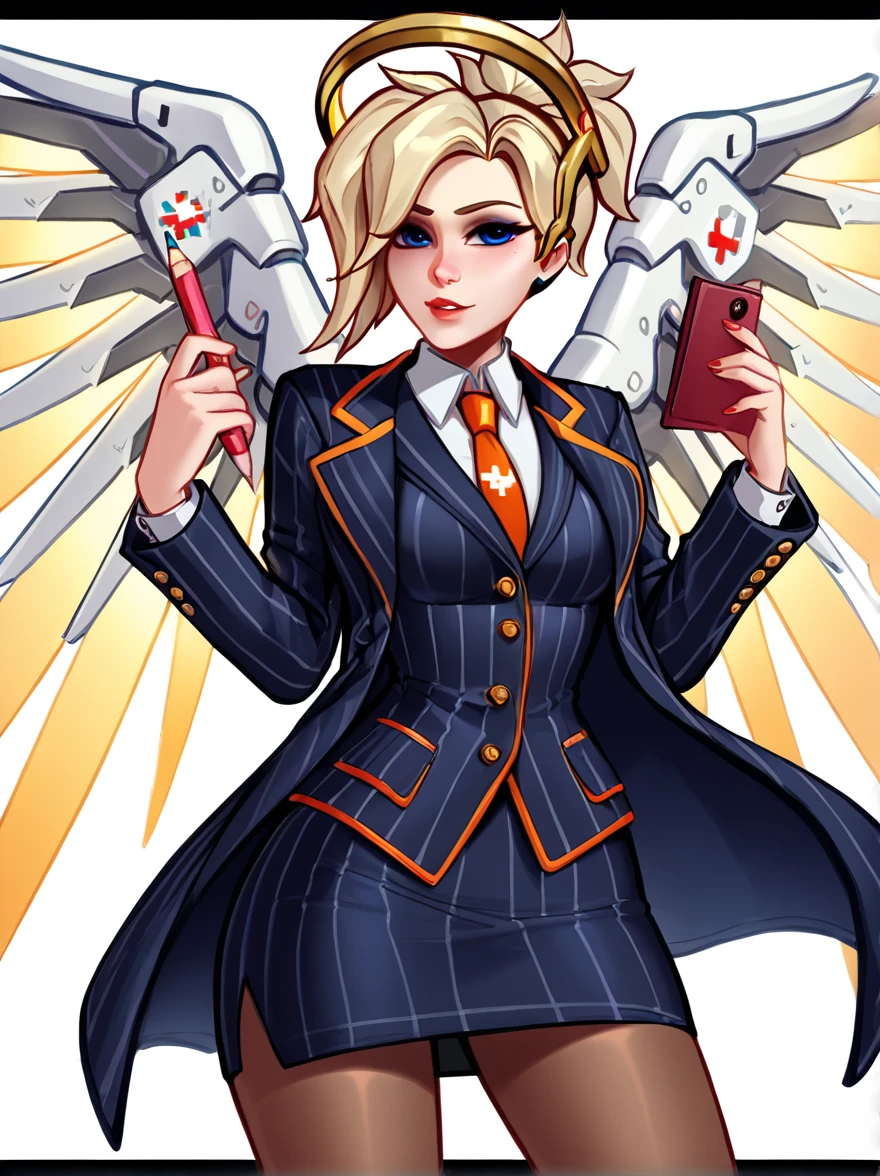 score_9, score_8_up, score_7_up, score_6_up, score_5_up, score_4_up,
BREAK
1girl, mercy \(overwatch\), blonde hair,
BREAK
solo, standing, navy pinstripe skirt suit, (((three-piece suit))), silk necktie, blazer, (((suit jacket))), (((waistcoat))), double-breasted waistcoat, (((bodycon miniskirt))), (((pencil skirt))), cufflinks, tie clip, pocket square, pocket watch, pantyhose,
BREAK
white background, simple background, 