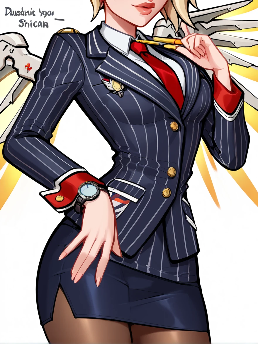 score_9, score_8_up, score_7_up, score_6_up, score_5_up, score_4_up,
BREAK
1girl, mercy \(overwatch\), blonde hair,
BREAK
solo, standing, navy pinstripe skirt suit, (((three-piece suit))), silk necktie, blazer, (((suit jacket))), (((waistcoat))), double-breasted waistcoat, (((bodycon miniskirt))), (((pencil skirt))), cufflinks, tie clip, pocket square, pocket watch, pantyhose,
BREAK
white background, simple background, 