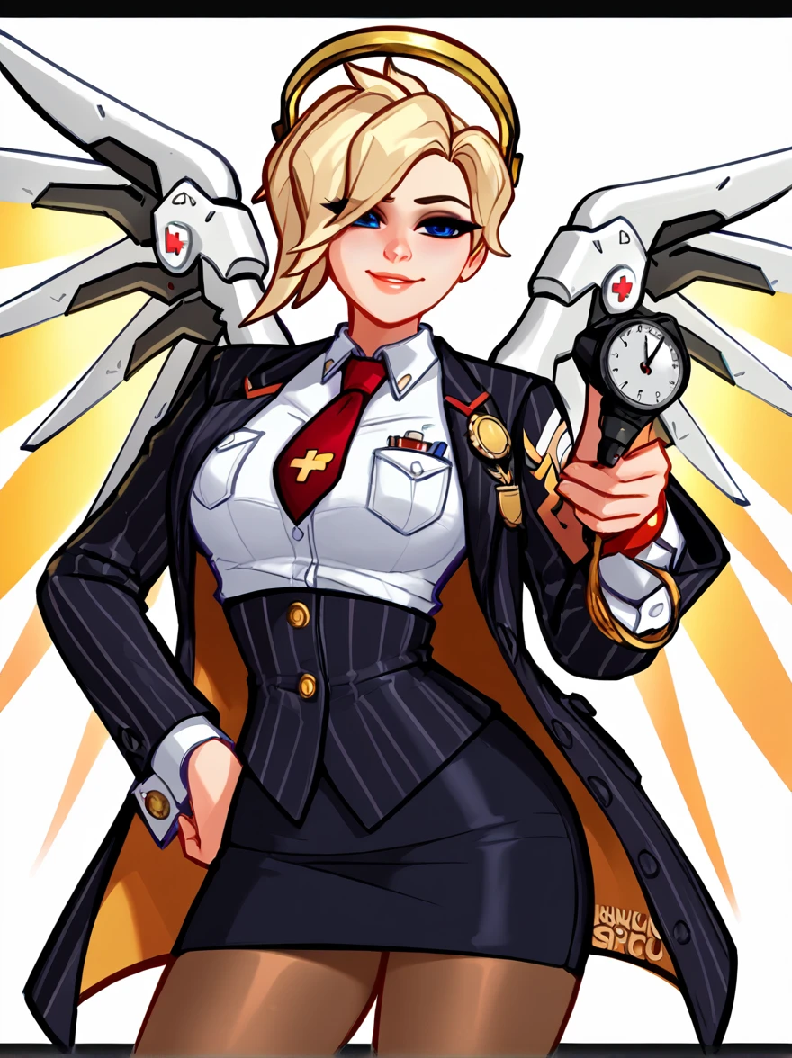 score_9, score_8_up, score_7_up, score_6_up, score_5_up, score_4_up,
BREAK
1girl, mercy \(overwatch\), blonde hair,
BREAK
solo, standing, navy pinstripe skirt suit, (((three-piece suit))), silk necktie, blazer, (((suit jacket))), (((waistcoat))), double-breasted waistcoat, (((bodycon miniskirt))), (((pencil skirt))), cufflinks, tie clip, pocket square, pocket watch, pantyhose,
BREAK
white background, simple background, 