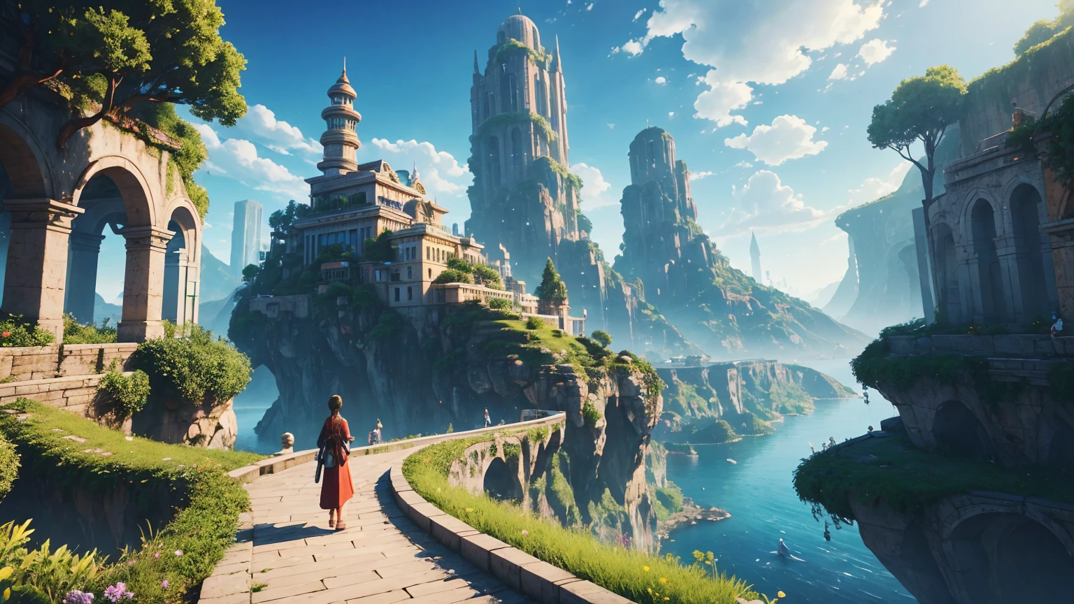 "Depict a utopian digital realm where digital avatars interact in a vibrant, virtual world. Show various environments within this digital world, such as serene landscapes and advanced cities. Include a sense of excitement and curiosity, highlighting the limitless possibilities of this digital existence."